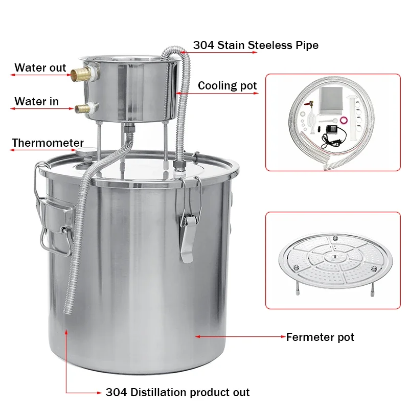 6L 22L 35L Stainless Home Brew Moonshine Distiller Copper Alcohol Distillery Boiler for Water Essential Durable Oil Brew Kit