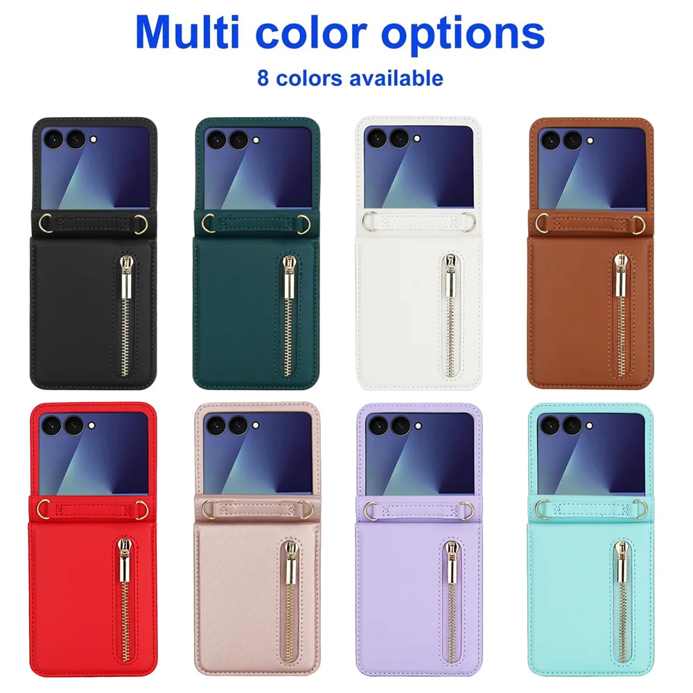 

Luxury Wallet Card Slot Leather Case for Samsung for Galaxy Z Flip 7 6 5 4 3 Crossbody Zipper Lanyard Strap Shockproof Cover