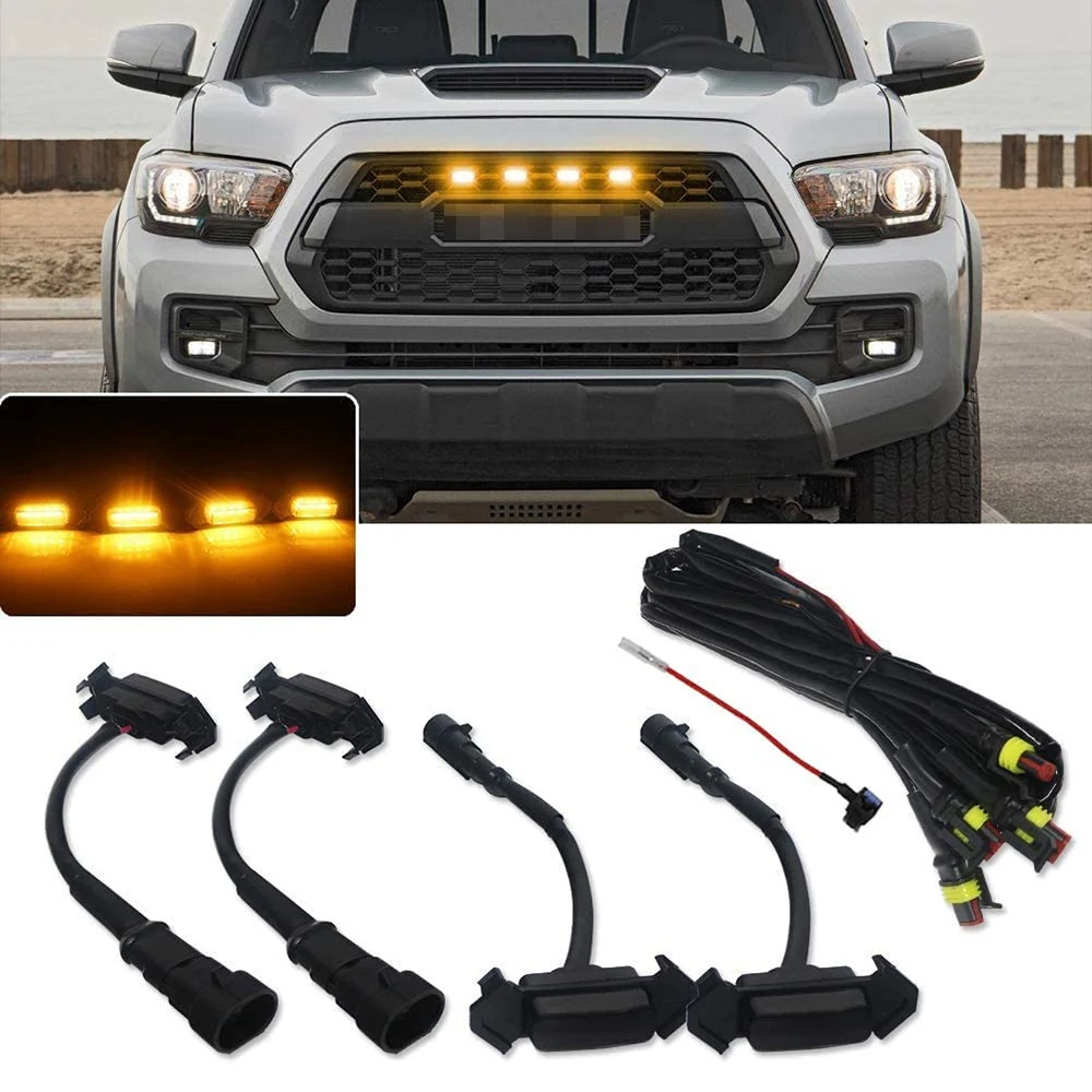 LED Grille Lights for Toyota Tacoma TRD PRO Front Grille 2016-2018 (4PCS, Black Case with Amber Light)