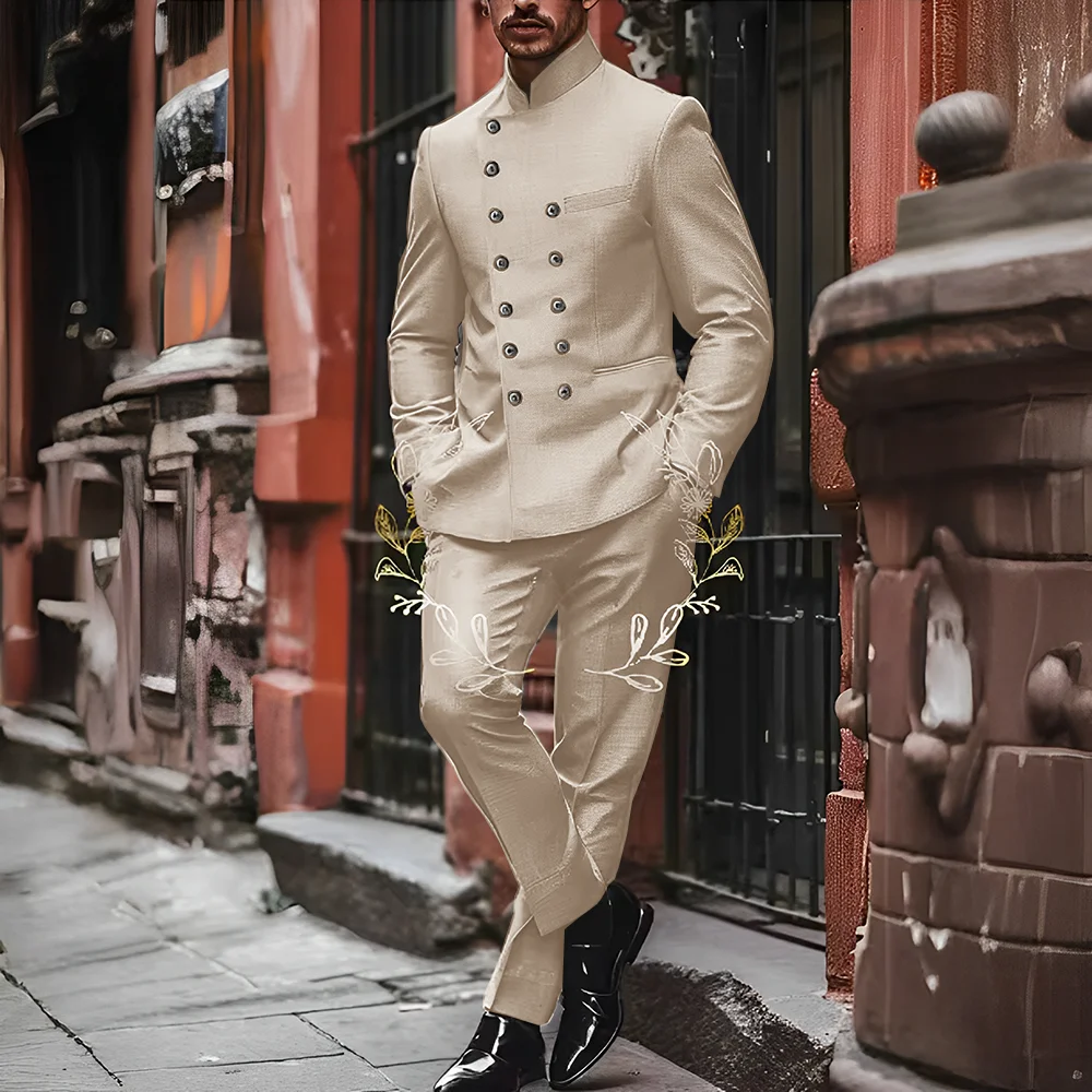 

Khaki Men's Suits For Party Double Breasted Stand Collar Slim Fit Male Wedding Clothing Fashion 2 Piece Jacket Pants