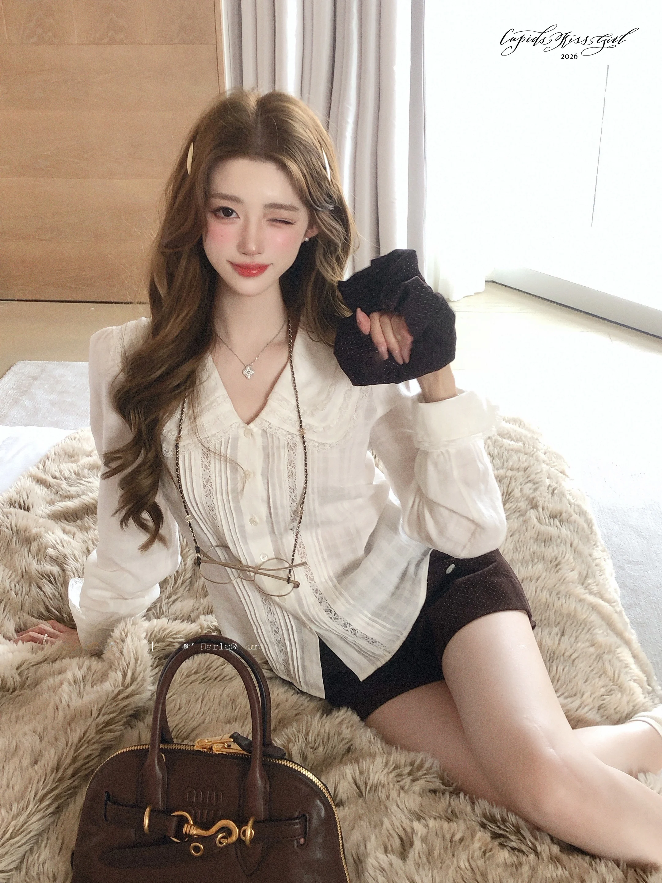 

CSK Cupid Mist Thin Le Doll Face Girl's irt Larsey Linen Blouse Youthful Long Sve Button up Casual Faion Women's Top