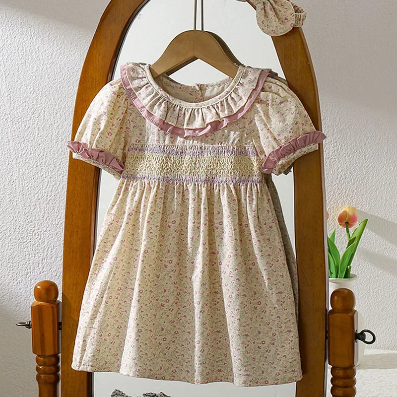 2025 New Summer Sister Clothing 2-6Yrs Girl Birthday Party Dress Short Sleeved Cotton Print Kids Princess Dress Children Clothes