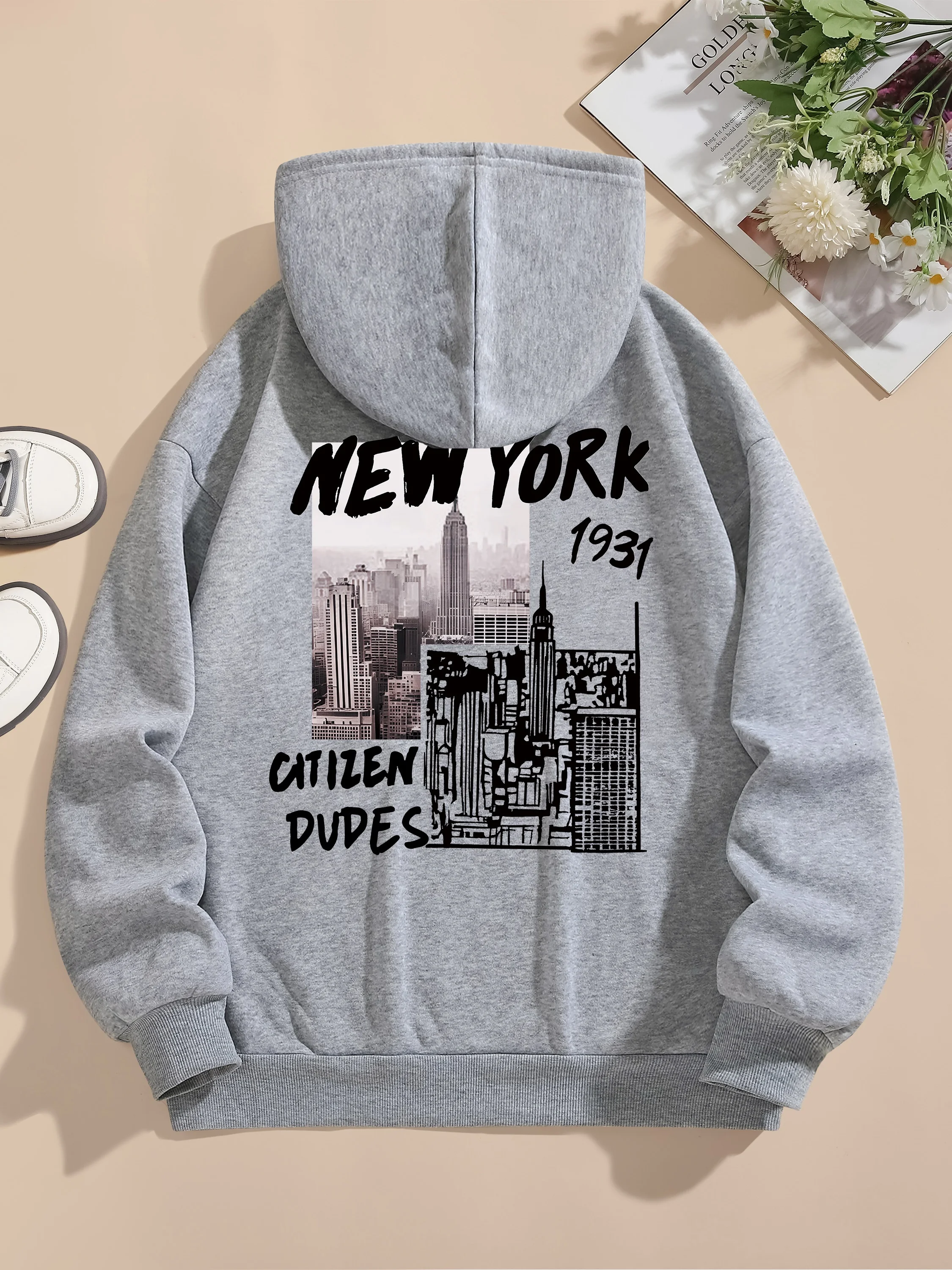 Moletom com cordão de Nova York, moletom casual de manga comprida com ombro caído, roupas femininas