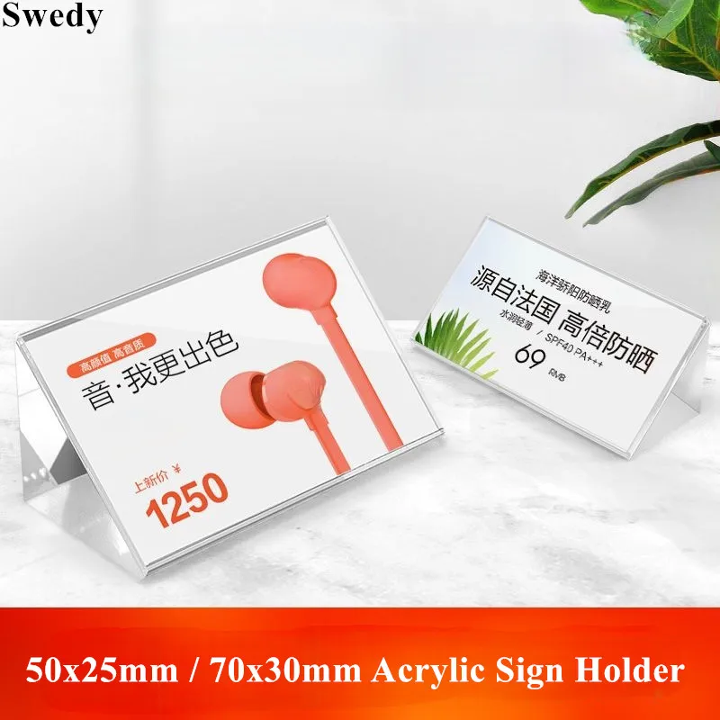 50x25mm / 70x30mm Clear Acrylic Sign Holder Display Stand Table Number Name Card Holder Menu Holder Price Label Paper Card Tags