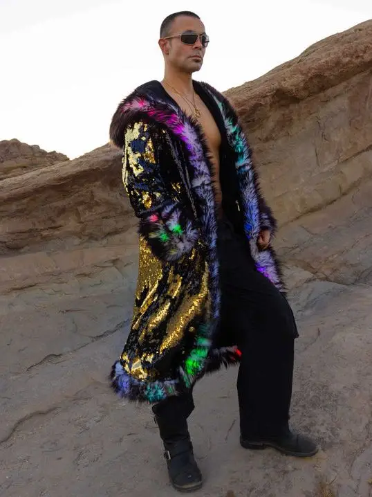 Men's LED Light Up Faux Fur Hooded Coat, Colorful Glowing Long Fur Jacket for Party, Festival, Nightclub, Rave Costume