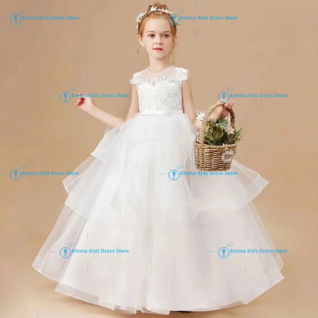 

Custom Flower Girl Dress White Tulle Floral Appliqué Multi-layer Sleeveless Suitable for Weddings and Communion