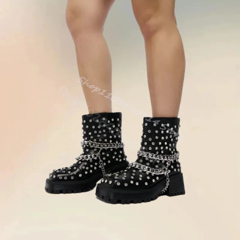 

Metal Chain Crystal Decor Black Wave Bottom Boots Slip On Women Shoes High Top Fashion Party Banquet 2025 Zapatos Para Mujere