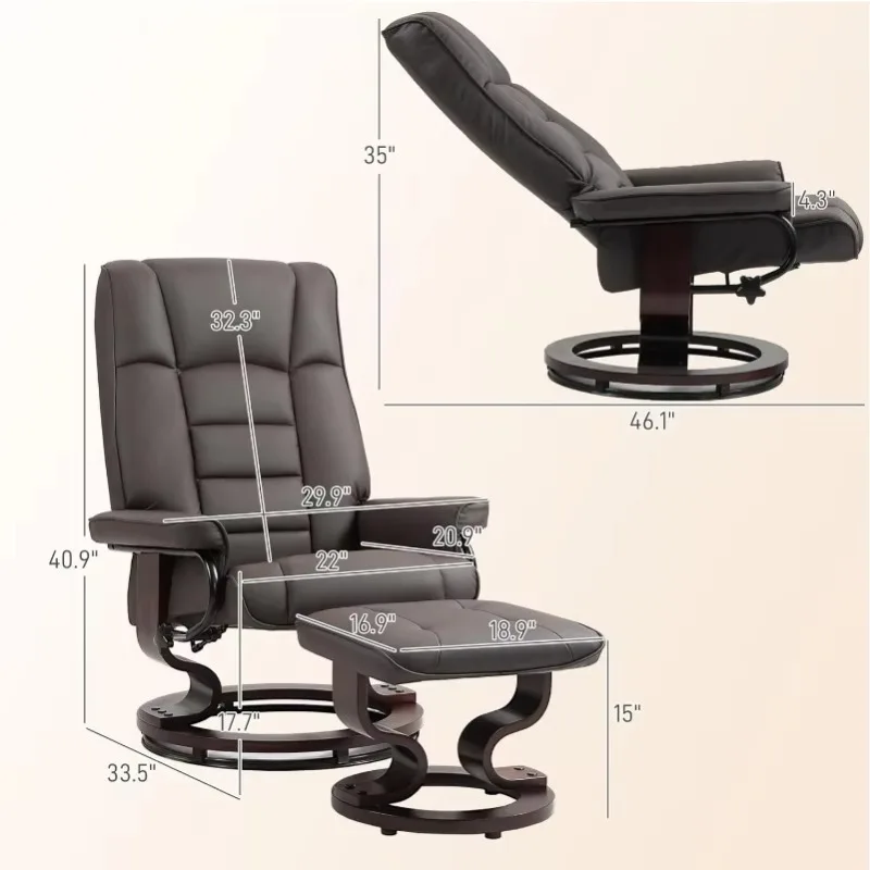 Faux Leather Reclining Chair, Recliner with Ottoman with High Back and Wood Frame for Living Room, Brown image 3