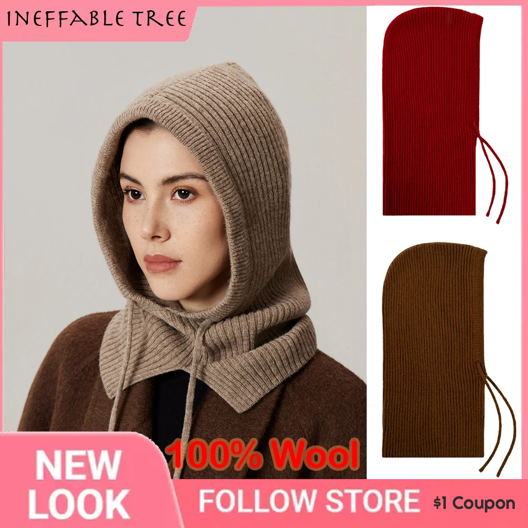 

Y2K Unisex 100% Wool Knit Hooded Hat for Men Women Adjustable Winter Cashmere Neck Collar Scarf Drawstring Beanies Cap Gorras