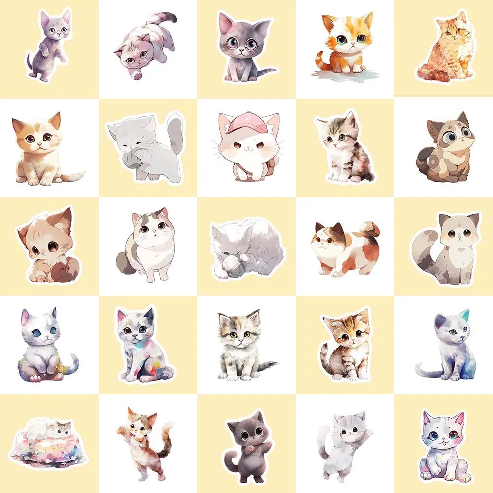 10/50 Stuks Kawaii Schilderij Aquarel Kat Stickers Pack Voor Kinderen Cartoon Schattige Graffiti Stickers Scrapbooking Bagage Laptop Sticker