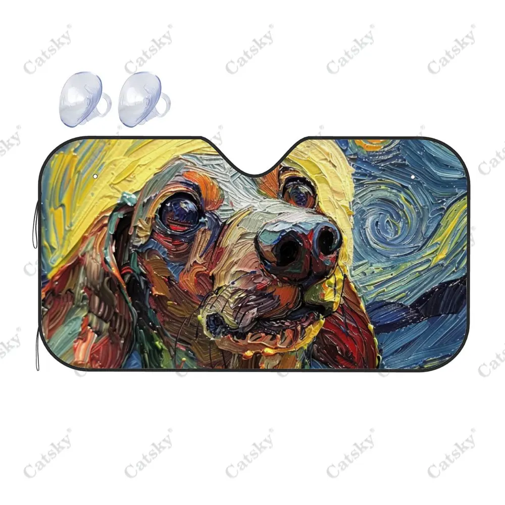 Oil Painting Dachshund Print Car Windshield Sunshade, Auto Accessories Front Windshield Sun Visor Blocks Uv Rays Protect Gift