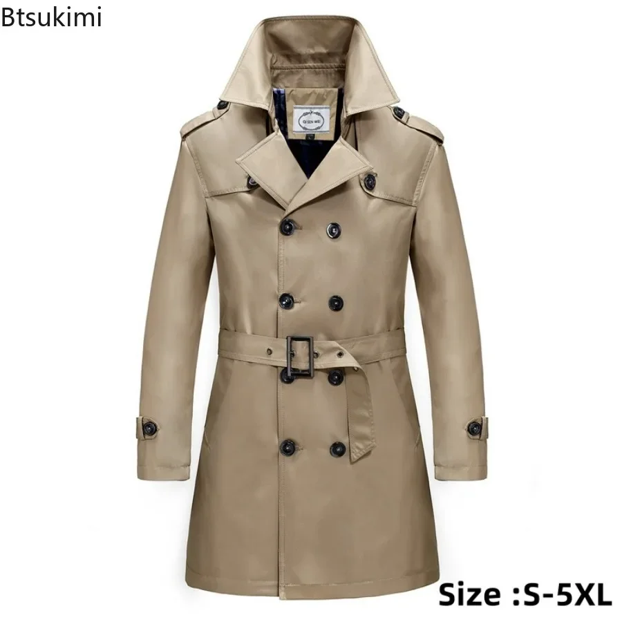 New British Style Men's Business Office Long Trench Coats with Belt Fashion Slim Windbreak Overcoat Male Double Breasted Jackets