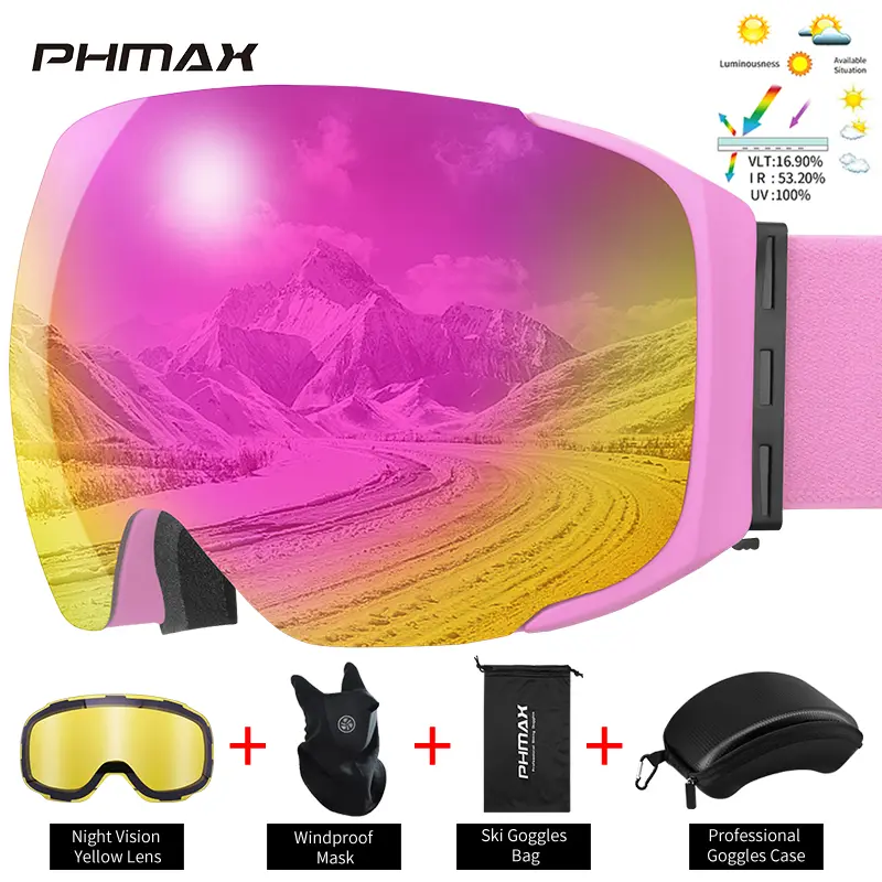 PHMAX Pro Ski Goggles UV400 Anti-fog Eyewear Magnetic Lens Night Vision Yellow Lens Outdoor Sports Snowboard Big Snow Goggles - Image 7
