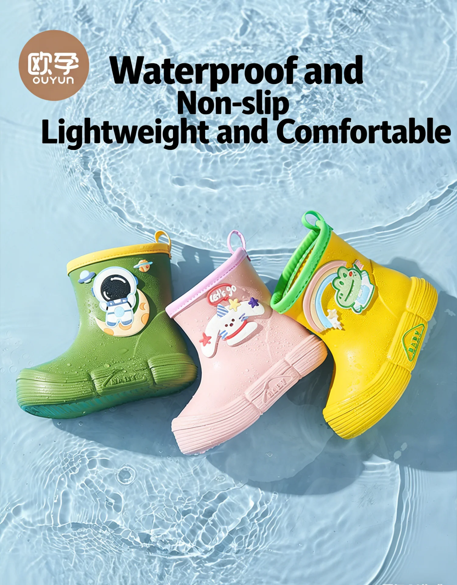 

OUYUN Children's Rain Boots Anti-Slip Collision Proof Unisex School Specialty Waterproof Shoes for Babies Kindergarten