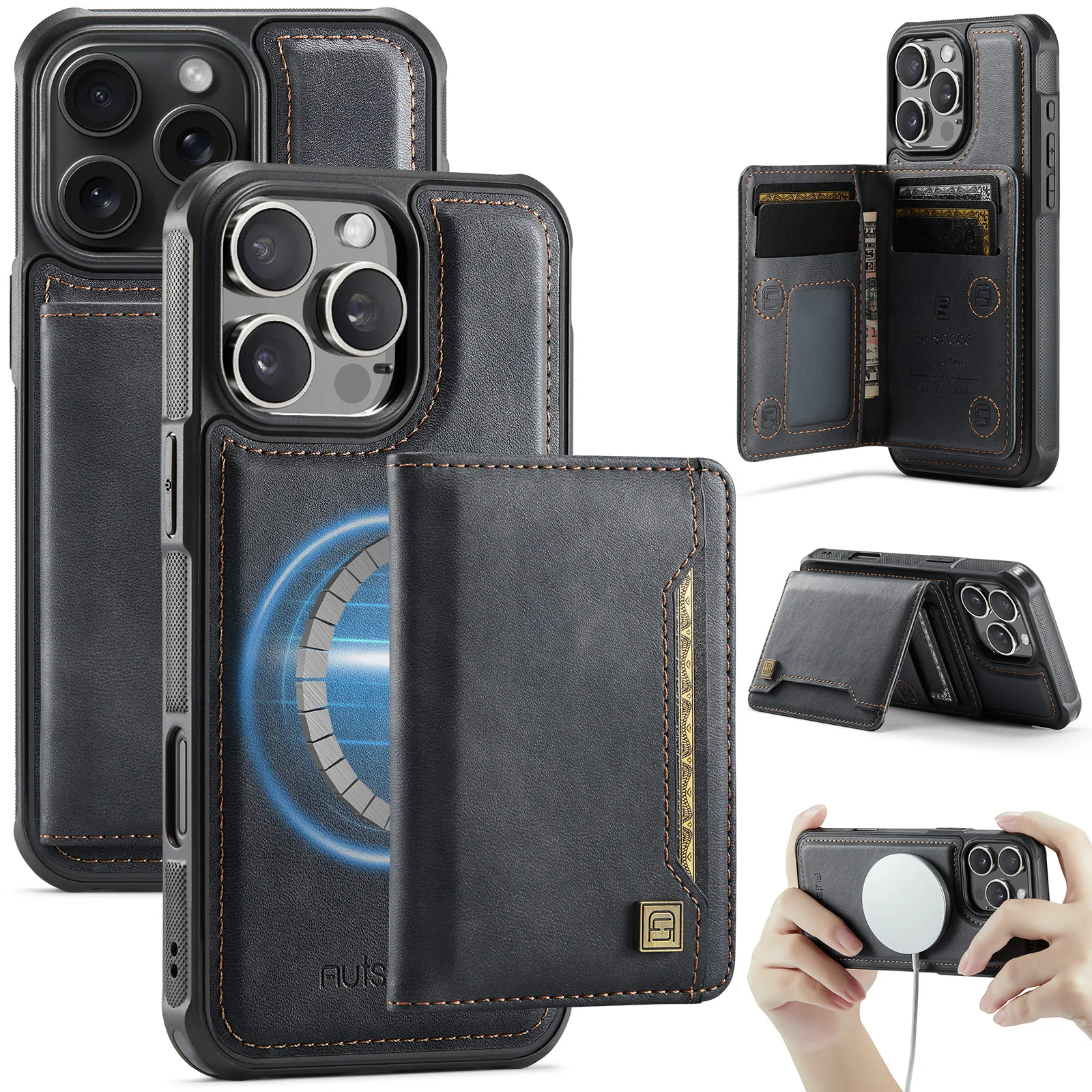 

AutSpace-A13 For iPhone 16E 15 14 Plus 13 12 11 Pro Max ,Shockproof Luxury Magnetic PU Leather Wallet Case Card Slot Stand Cover