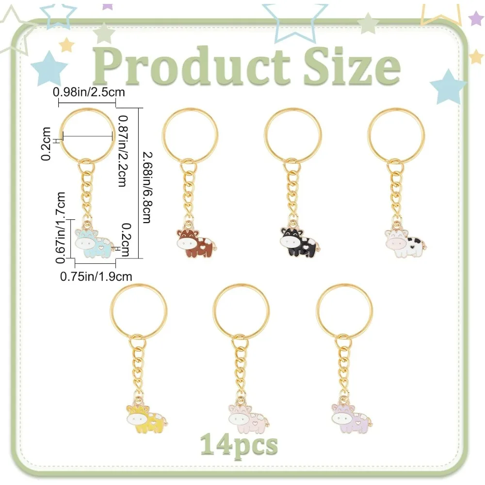 14Pcs Cow Enamel Keychains Cute Animal Farm Key Chain 7 Color Hanging Pendant Charm Keyring Bulk for Purse Car Earphone Bag