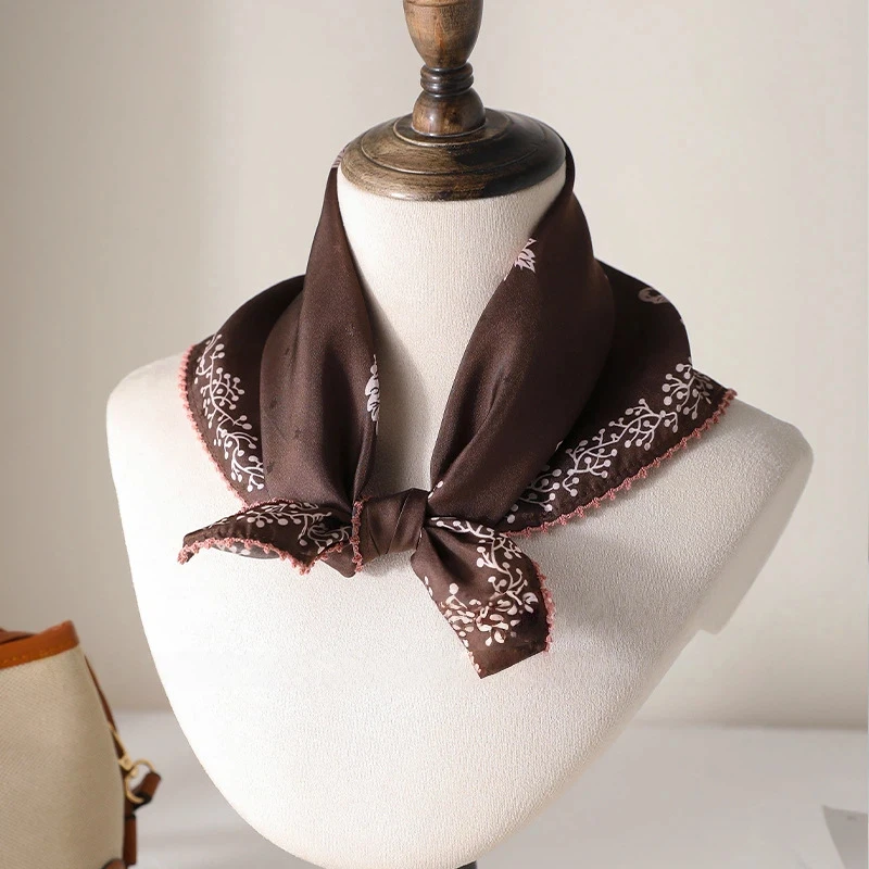 

100% Silk neck scarves woman summer accessory vintage coffee print square scarf woman luxury brand silk scarf neckerchief
