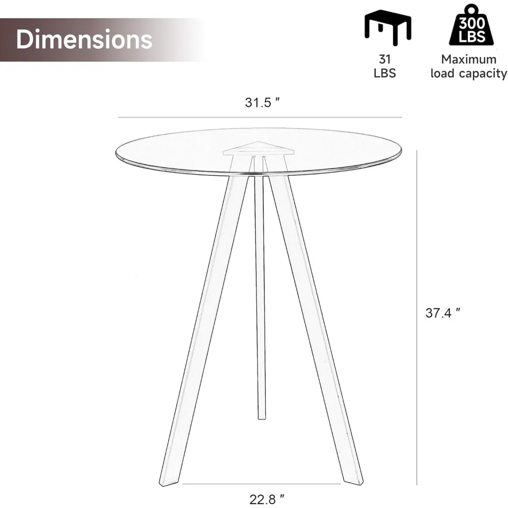 Round Bar Table, 37.4 Inches High; 31-inch Cocktail Table; Metal Base with Glass Top