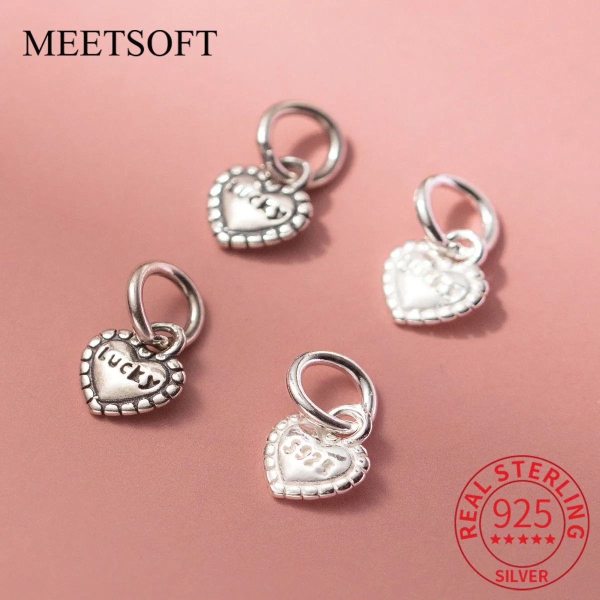 MEETSOFT S925 Sterling Silver Lucky English Heart Pendant Hanging Tag DIY Beaded Pendant Hand Woven Rope Material Accessories