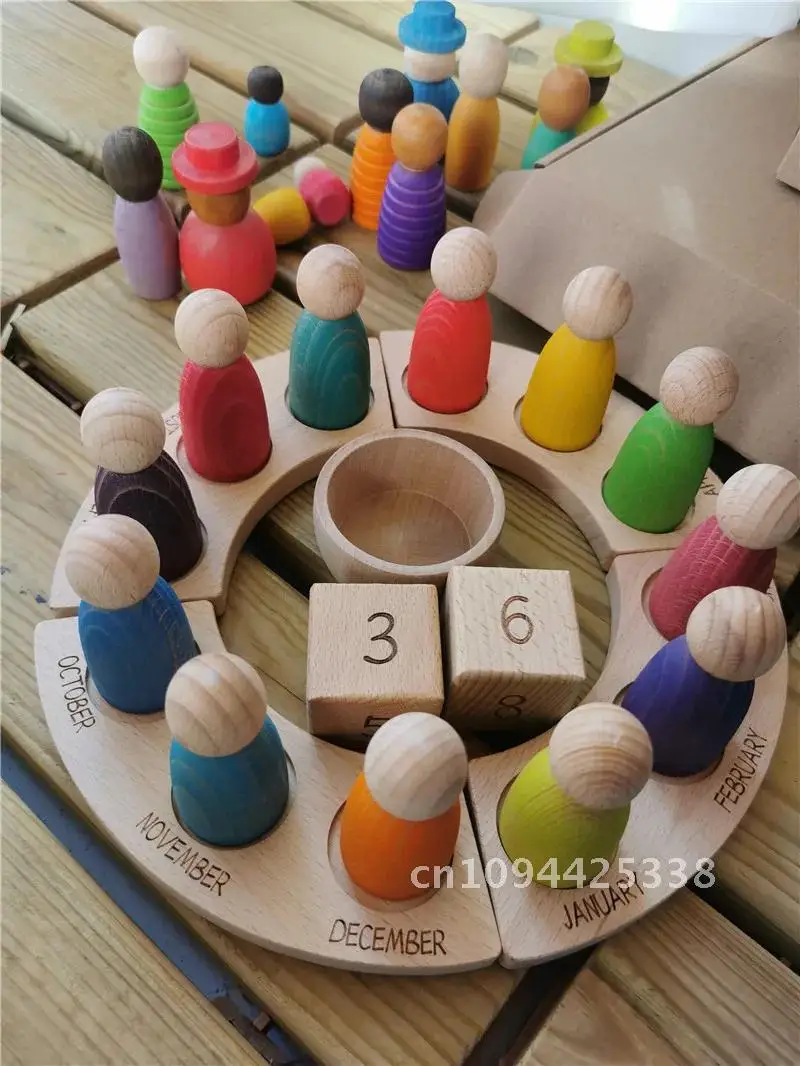 New Wooden Toys Beech Rainbow Calendar Peg Dolls Together Wizard Figurines Stacking Blocks for Kids