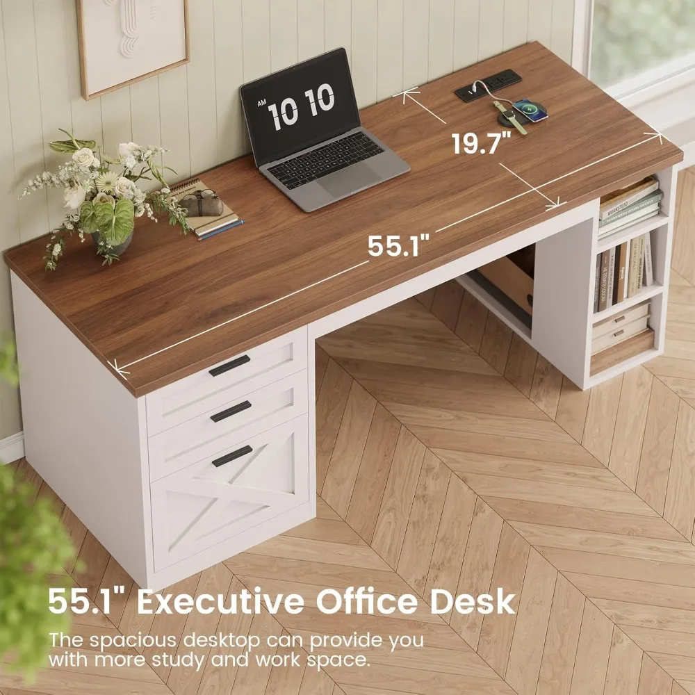 

55.1 Farmhouse office desk with 3 drawers, administrative desk with file drawers and storage shelves, and power outlet