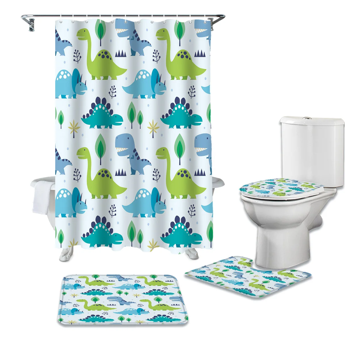 Bathroom Shower Curtain and Rug Sets Color Dinosaur Cartoon Kawaii Toilet Lid Cover Bath Mat Waterproof Shower Curtains Set