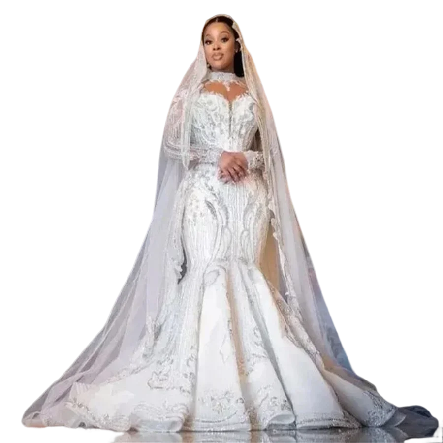 Customized Sparkly Saudi Arabia Mermaid Wedding Dress High Neck Illusion Long Sleeve Bridal Gowns Crystal Bride Robes De Mariee