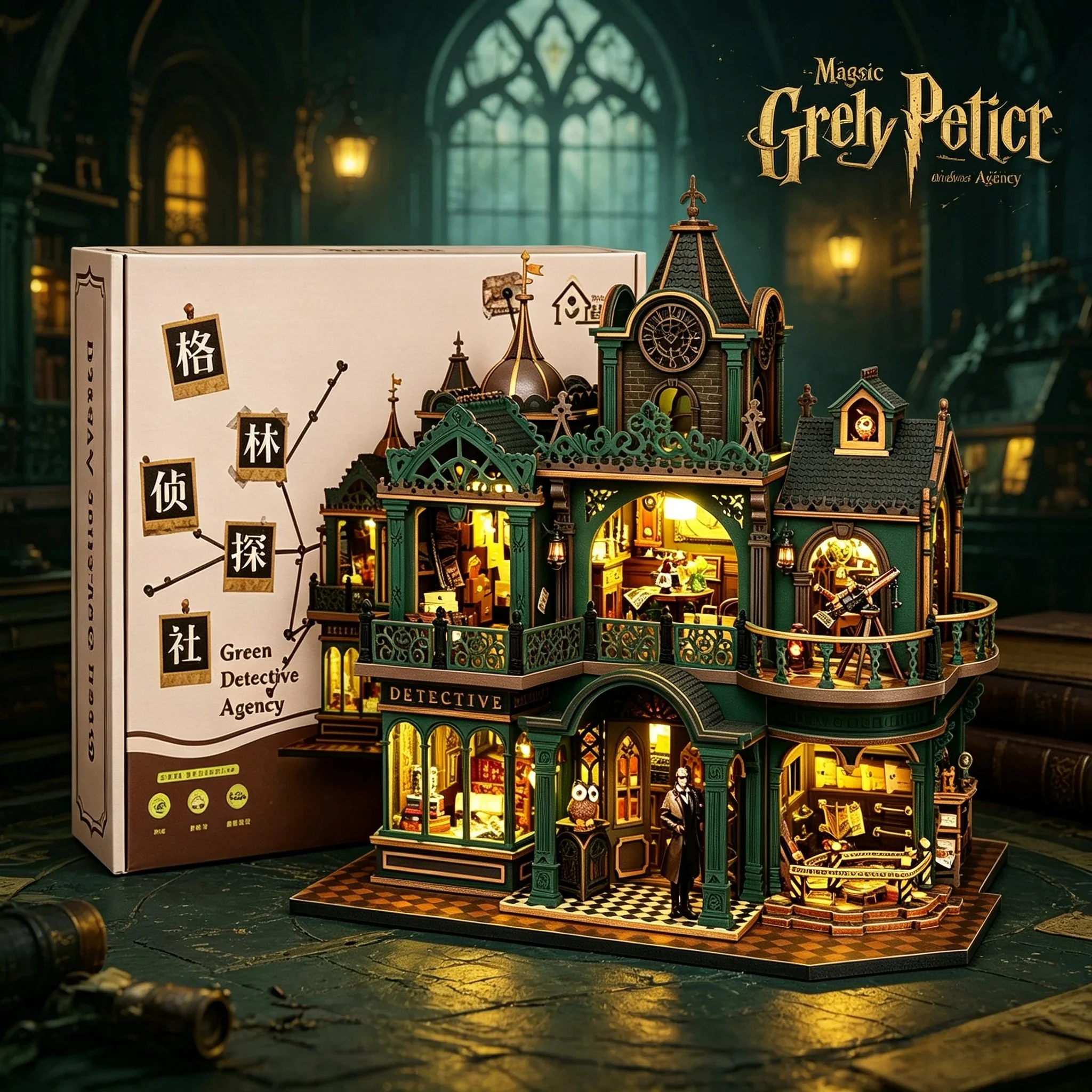 DIY Wooden Green Detective Agency Cottage Miniature Dollhouse 3D Puzzle Assembly Model Kits for Adults Birthday Gifts Home Decor