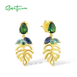 SANTUZZA Genuine 925 Sterling Silver Stud Earrings For Lady Blue Green Stones Spinel Delicate Leaf Dangling Fine Chic Jewelry