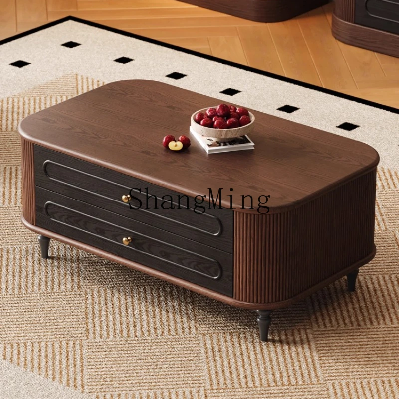 

DHY red oak retro solid wood coffee table living room household high-end oval tea table small apartment