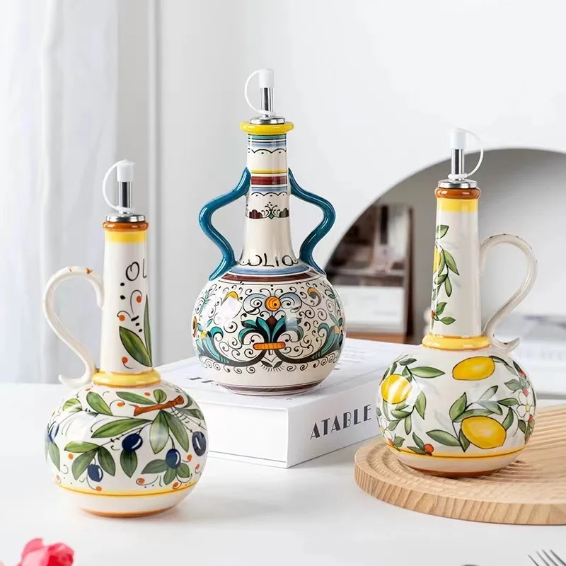 Dispensador de aceite de oliva sin BPA, lata de vinagre de aceite de cerámica en relieve bajo vidriado, accesorios de cocina, dispensador de almacenamiento, botella contenedor