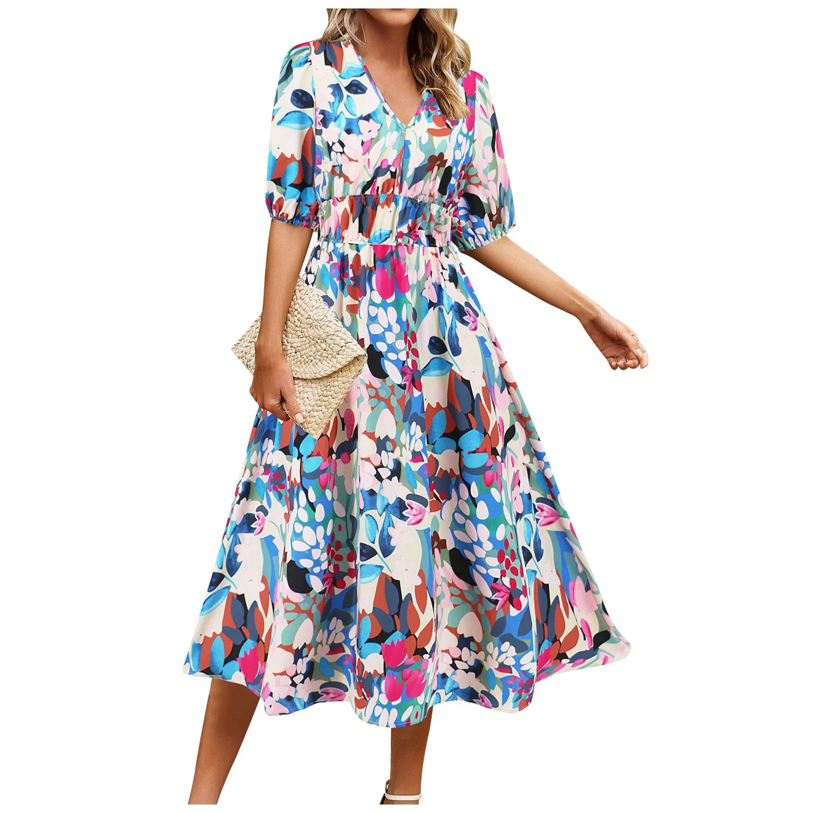 

2024 Elegant High Quality Design Summer Long Dress Waist Cinching V-Neck Print Elastic Waist Midi Dresses For Women Clothing