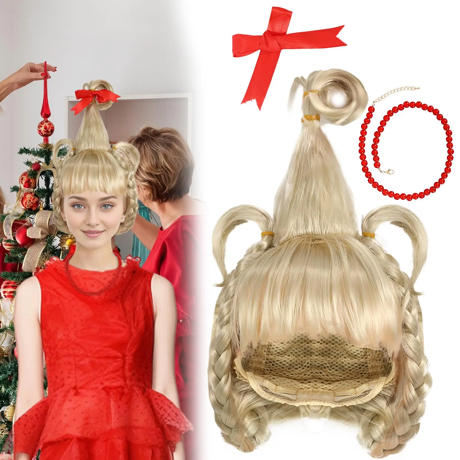 Cindy Lou Who perruque pour adultes filles Blonde tressée perruque arc collier Halloween noël Cosplay accessoires de déguisement
