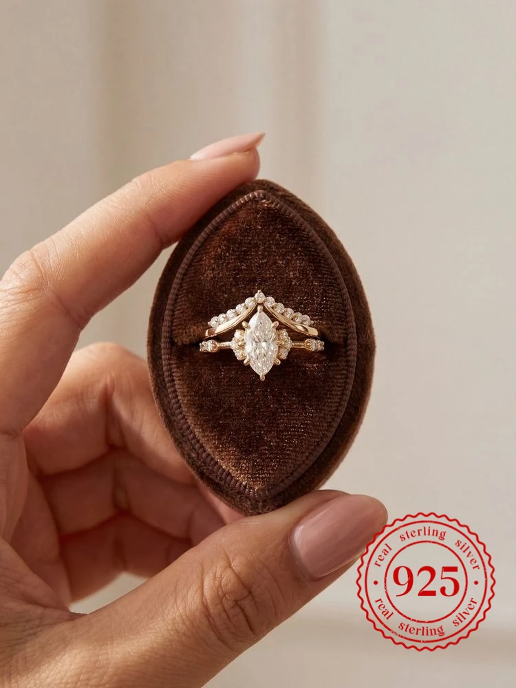925 Sterling Silber Funkelnder Marquise-Rundkronen-Zirkon-Ring-Set für Frauen, Verlobung, Hochzeit, luxuriöser, hochwertiger, edler Schmuck