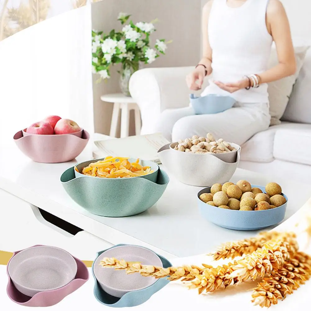 Cuenco de pistacho y plato doble, cuenco para servir aperitivos, cuenco para comida, fruta, desecho rosa, compartimento estilo paja azul, sin BPA M6T5