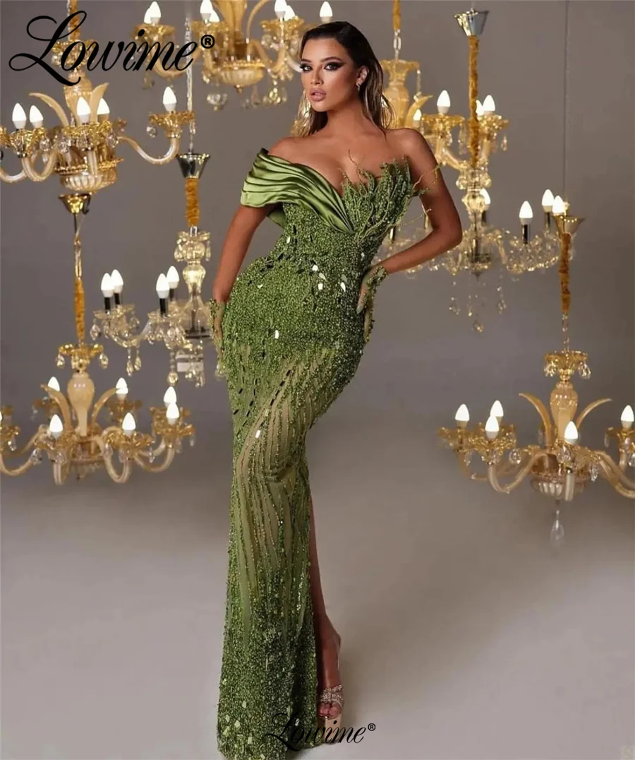 Lowime Robe De Soiree 2023 Verde Beading Sereia Festa Vestidos Personalizar Cristais Longos Vestidos De Noite Para As Mulheres Árabe Prom Dress