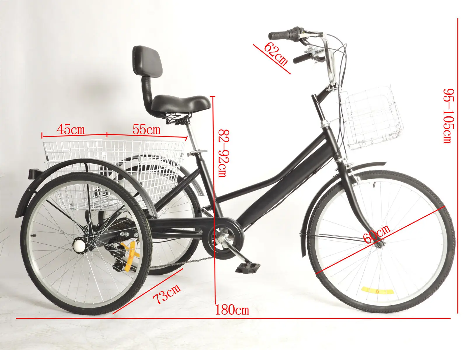 Triciclo da 24 pollici per adulti bicicletta a 3 ruote a 7 velocità con risciò per bicicletta con cestino della spesa e portaoggetti con telaio