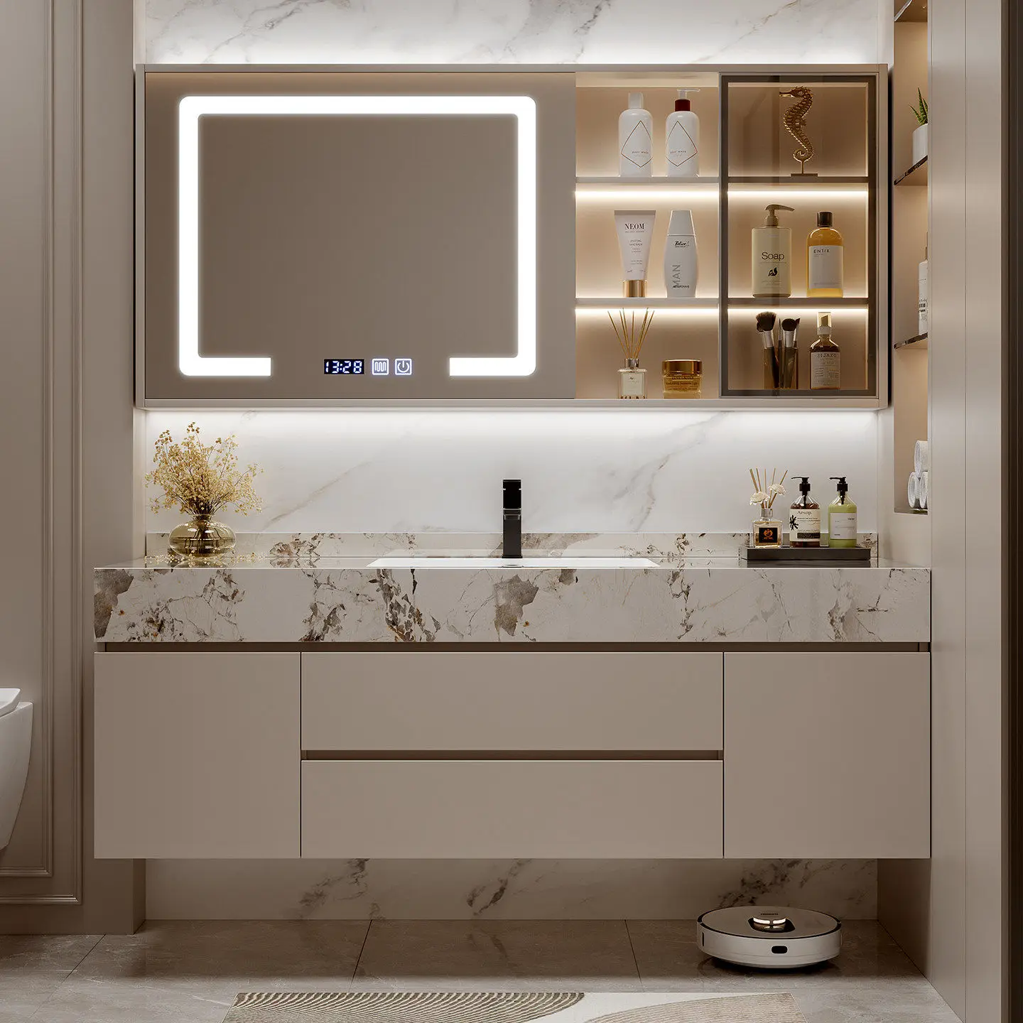 

bathroom cabinet combination, rock slab ceramic seamless integrated basin, bathroom washbasin, face wash basin cabinet