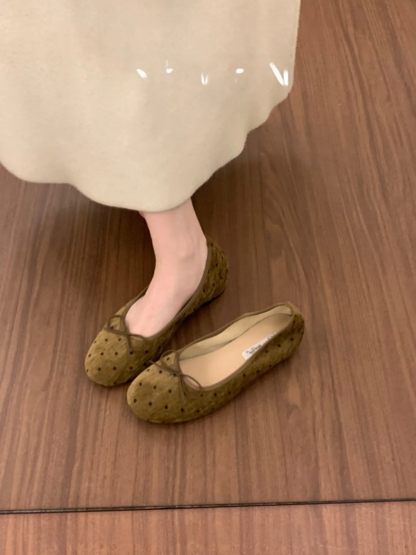 korean-style-polka-dot-ballet-flats-women's-spring-autumn-new-heightening-knot-slip-on-round-toe-fashionable-shoes