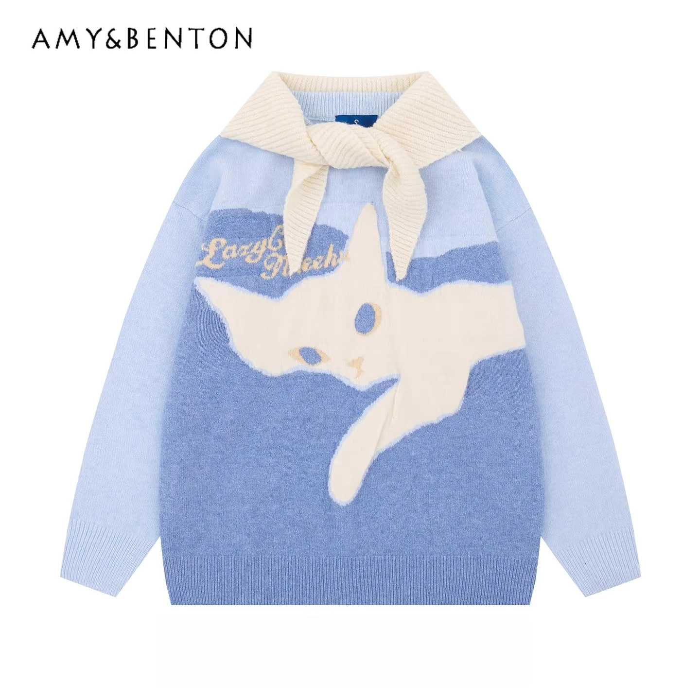

2026 Spring and Autumn New American Retro Style Women's Blue and Khaki Cat Embroidery Loose Casual Sweater with Shawl