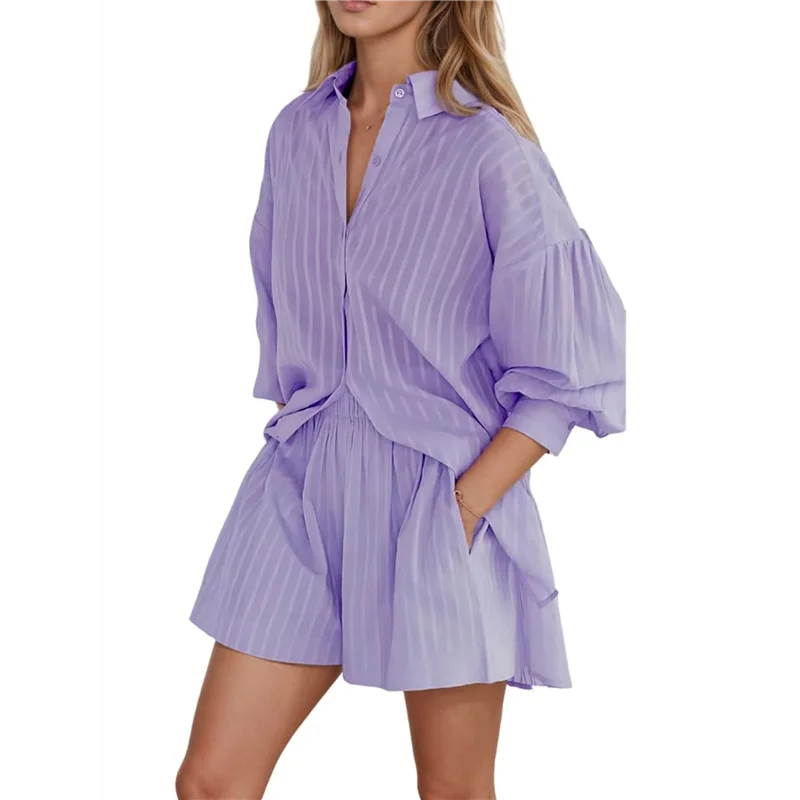 Hot Kf-Women's Summer 2 Piece Sets Striped Puff Sleeve Button Down Shirts Tops Matching Shorts Sets Casual Outfits