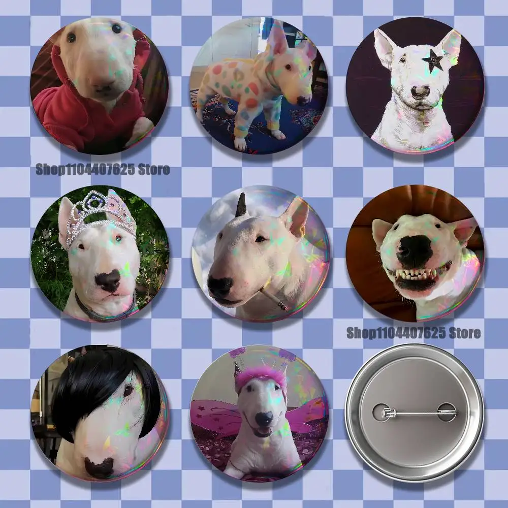 

Funny Bull Terrier Dog Laser reflective round badges pins bag clothing decorations collectibles gifts for friends