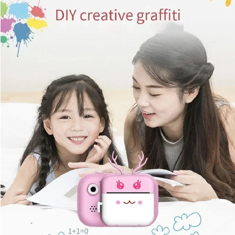 Kinderen 1080P HD Digitale Camera met Direct Afdrukken Schattig Cartoon Hertengewei Thermosensitief Ontwerp Inclusief 32GB Geheugenkaart Speelgoed