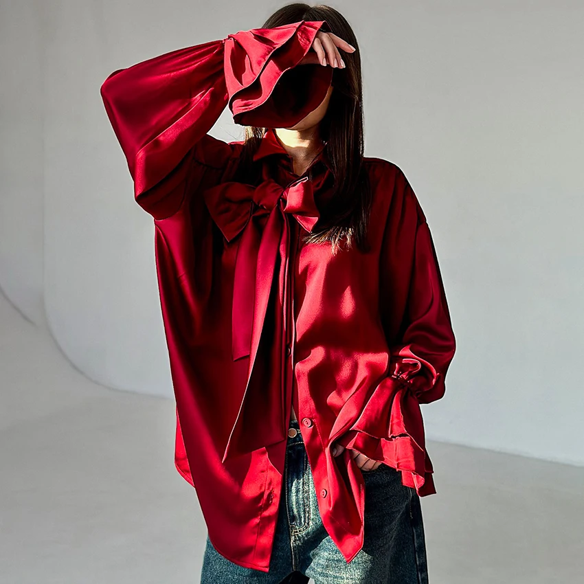 

Linad Elegant Red Satin Flare Sleeve Shirts Autumn Fashion Button Up Blouse Women Casual Solid Silk Tops For Woman 2025 Bow