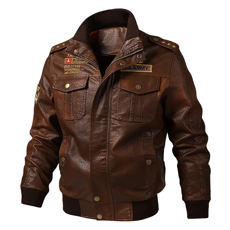 Men's PU leather jacket, fashionable thick wool windproof coat for autumn and winter men's embroidered youth baseball jacket 30 KF4G1109
