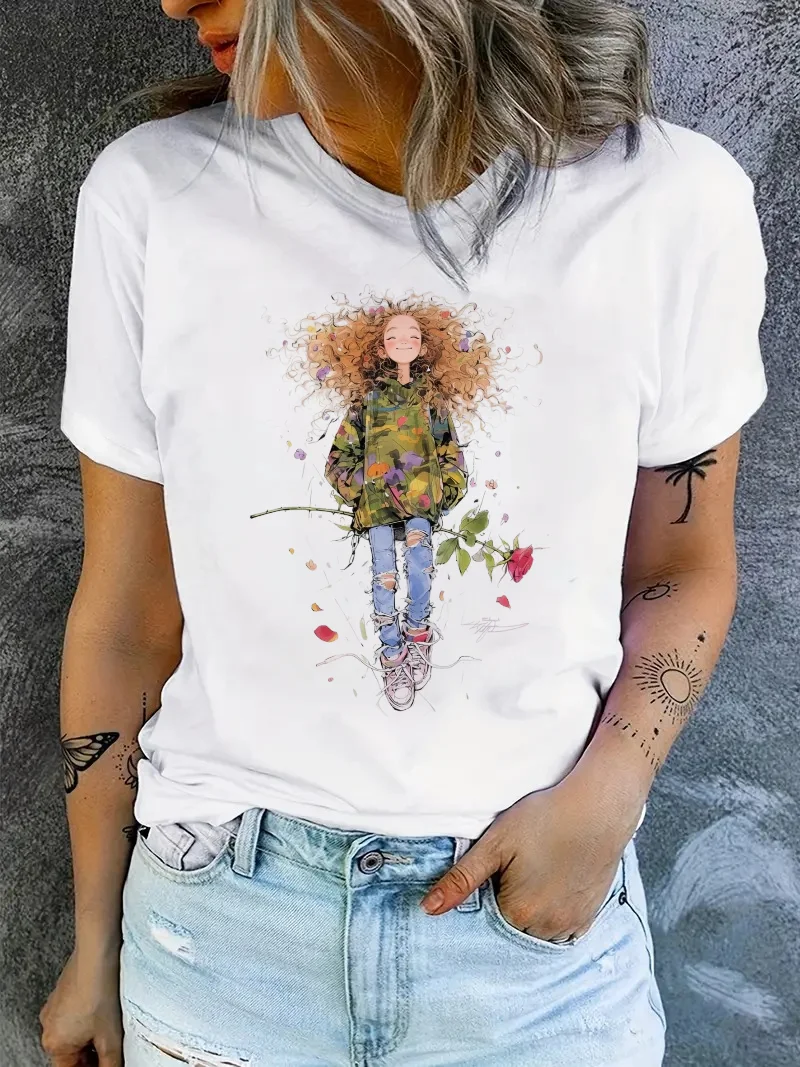 

Girl Cute and Fashionable 90s O-Neck Travel Top Women's Casual Cartoon Pattern T-Shirt Short Sleeve Printed Polyester New T-Shir