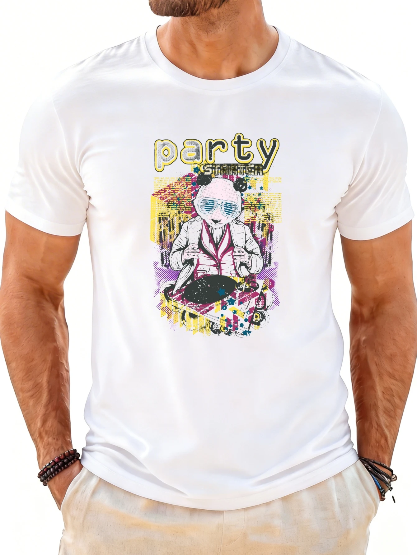 Casual Fun Style Men's T-Shirt with Party-Starting Cat Dj Graphic, Summer Wear, Gift for Music Lovers