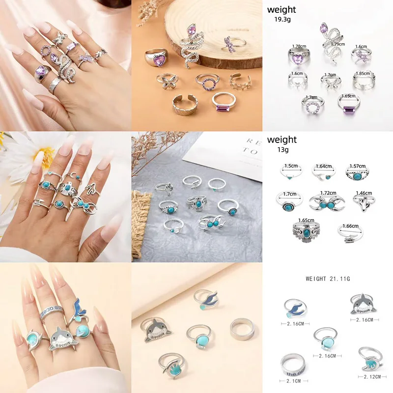 

Fashion Turquoise Shark Dolphin Starfish Scallop Coral Charm Set Ring Jewelry for Women Vintage Star Moon Sun Decorative Ring