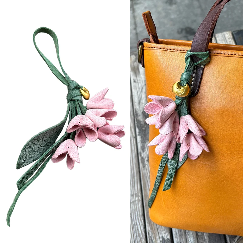 

Брелок-подвеска для сумки из коровьей кожи в форме цветка, женский брелок-тюльпан из натуральной кожи, аксессуар для сумки, брелок для ключей от машины, ремешок для сумки