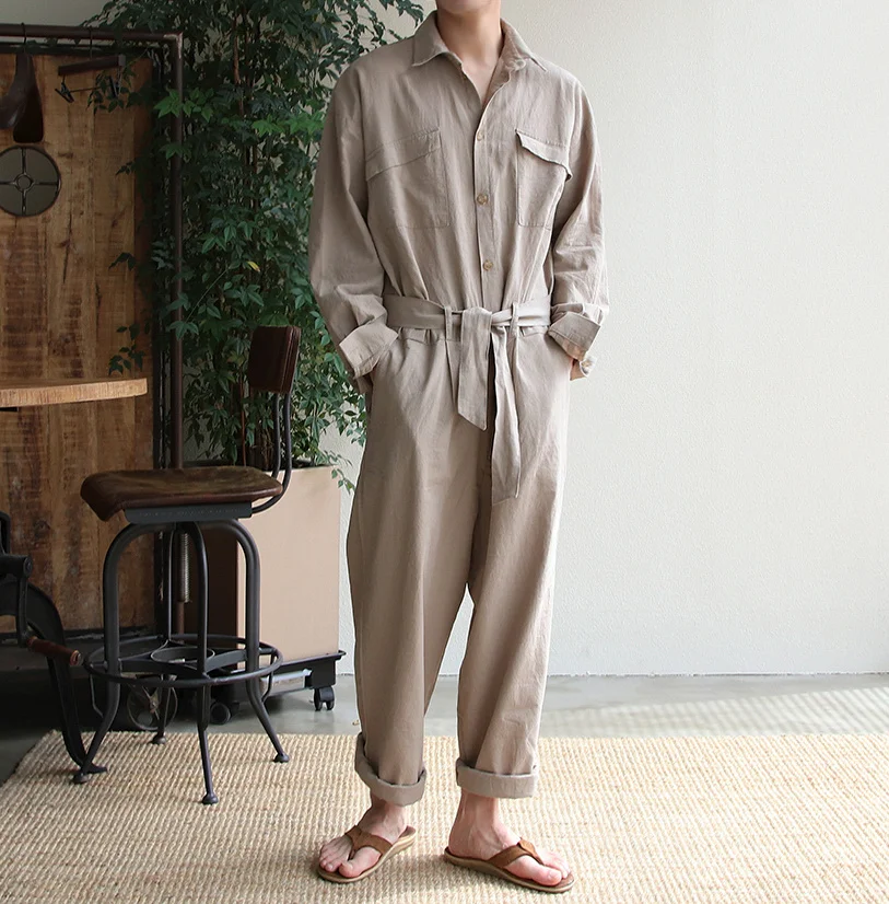 clothing men\'s overalls suit with belt Korean fashion loose one piece single breasted turn down collar jumpsuit loose Y4303